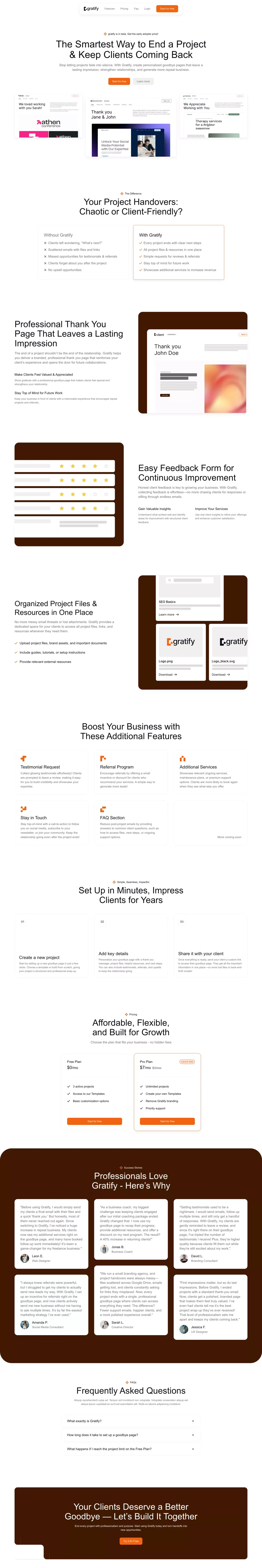 Gratify - Personalized goodbye pages for your clients - Landing design