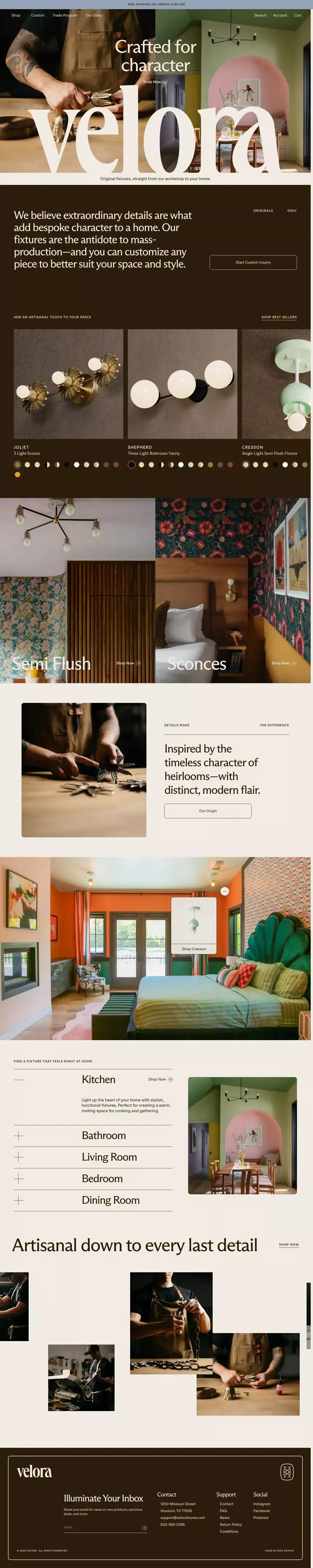 Modern Handmade Light Fixtures | Velora Home - Ecommerce design