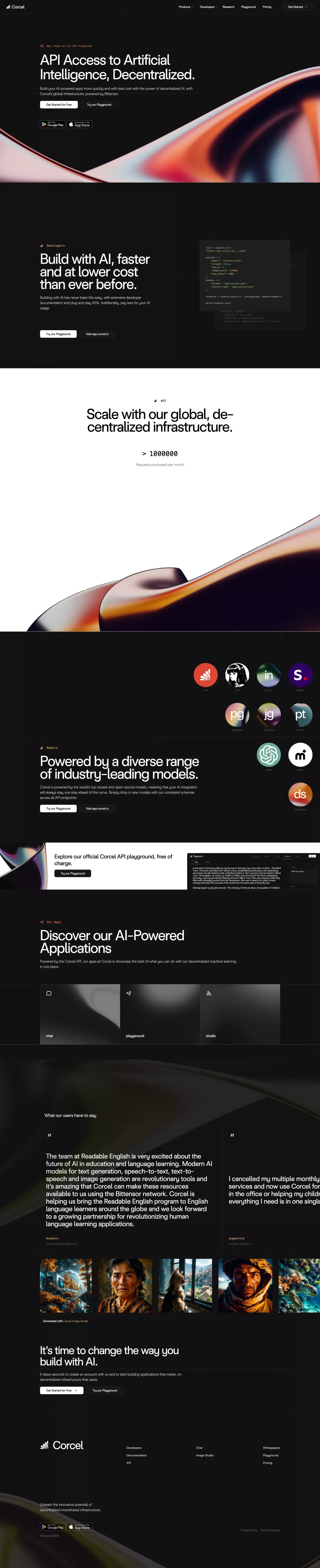 Corcel: API Access to Artificial Intelligence, Decentralized. - Landing design