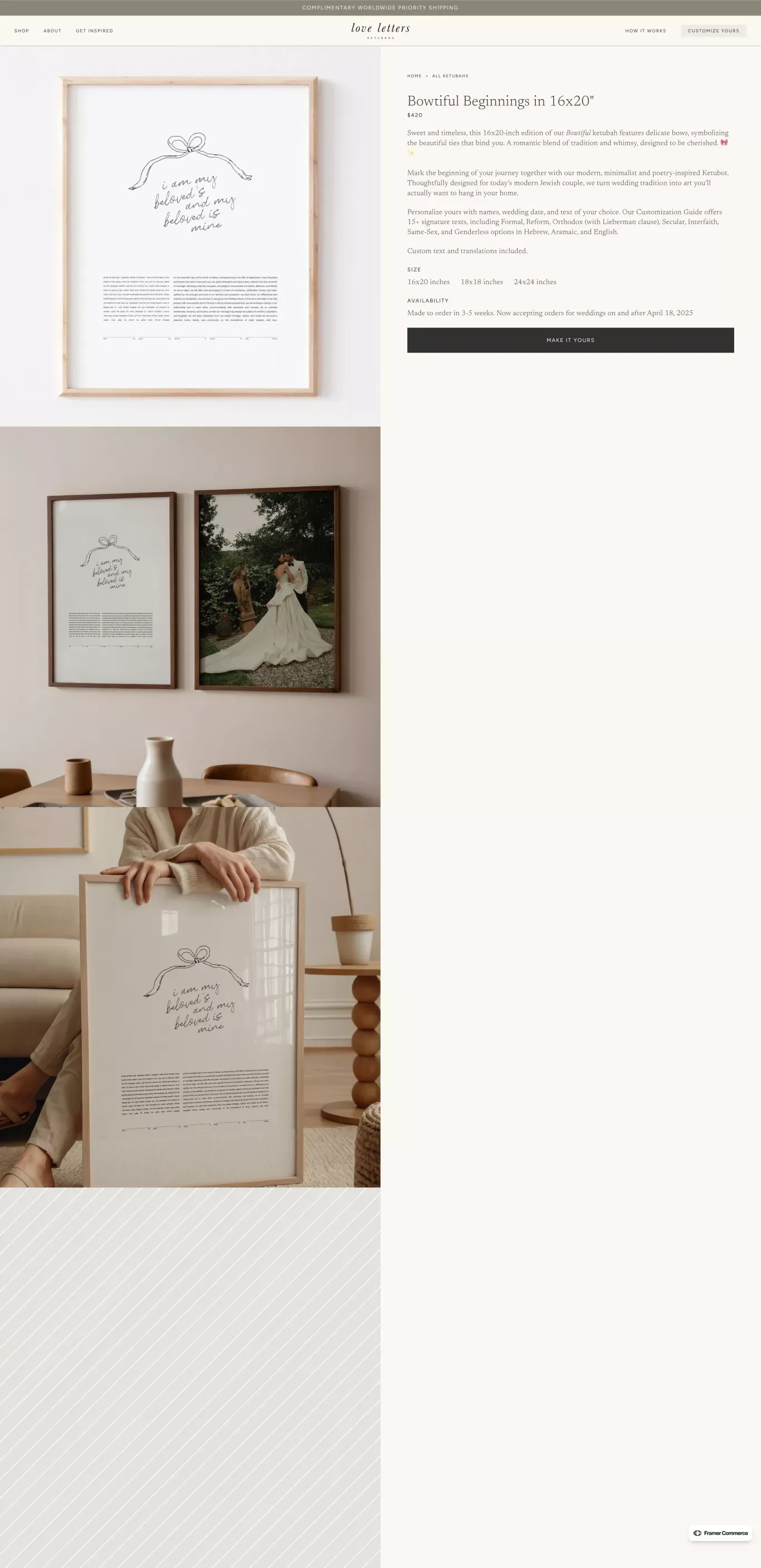 Bowtiful Beginnings in 16x20" - Love Letters Ketubahs â Modern, Premium Wedding Ketubahs - Product page design