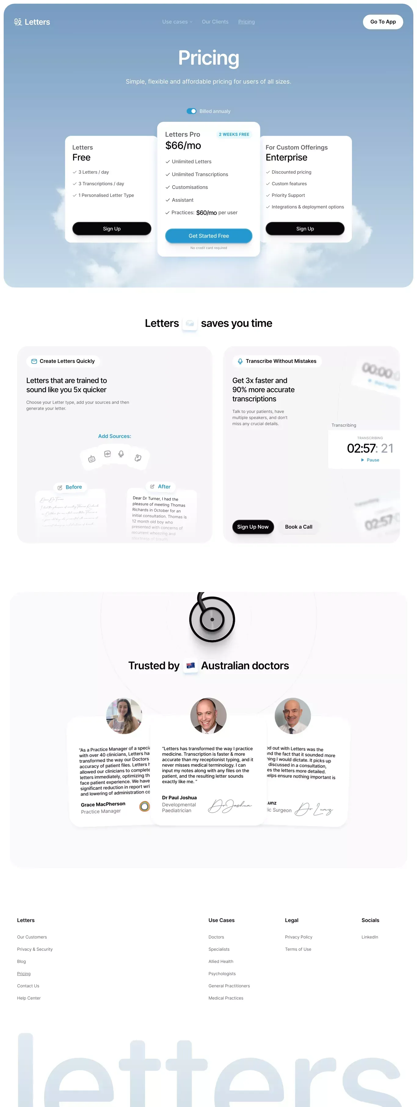 Letters Pricing - Affordable AI Medical Transcription & Letter Writing - Pricing design