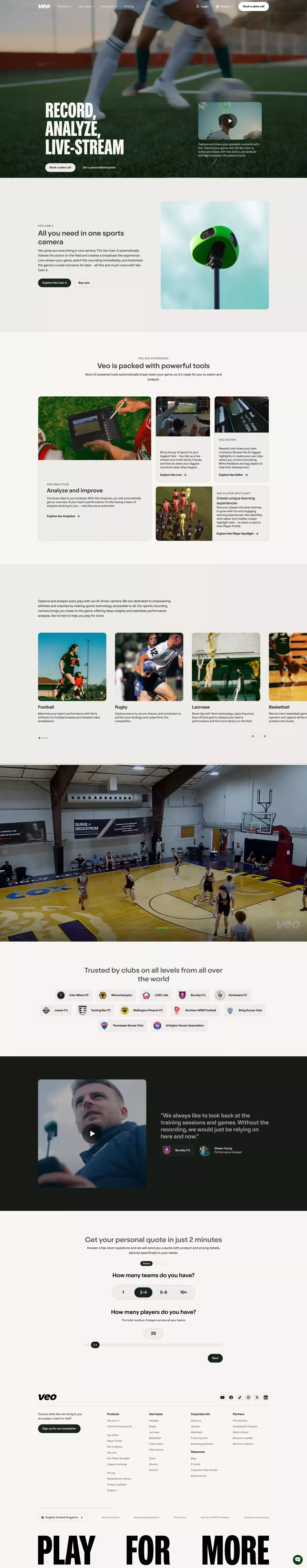 Sports Tracking Camera: Record & Analyse Matches | Veo - Landing design
