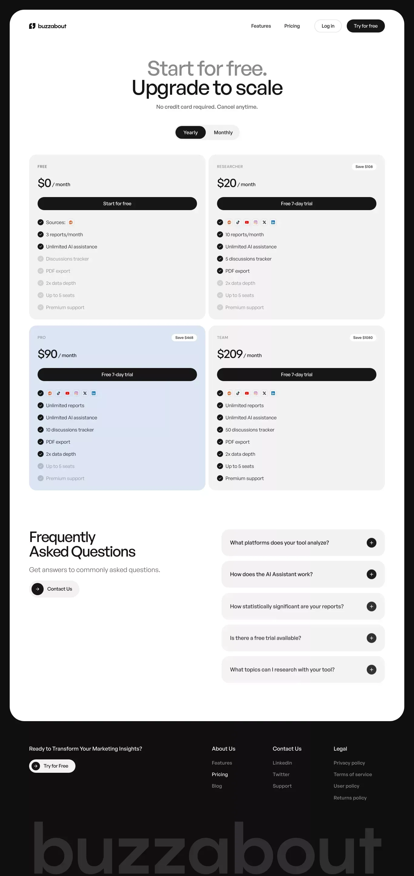 buzzabout - Audience Insights Tool - Pricing design