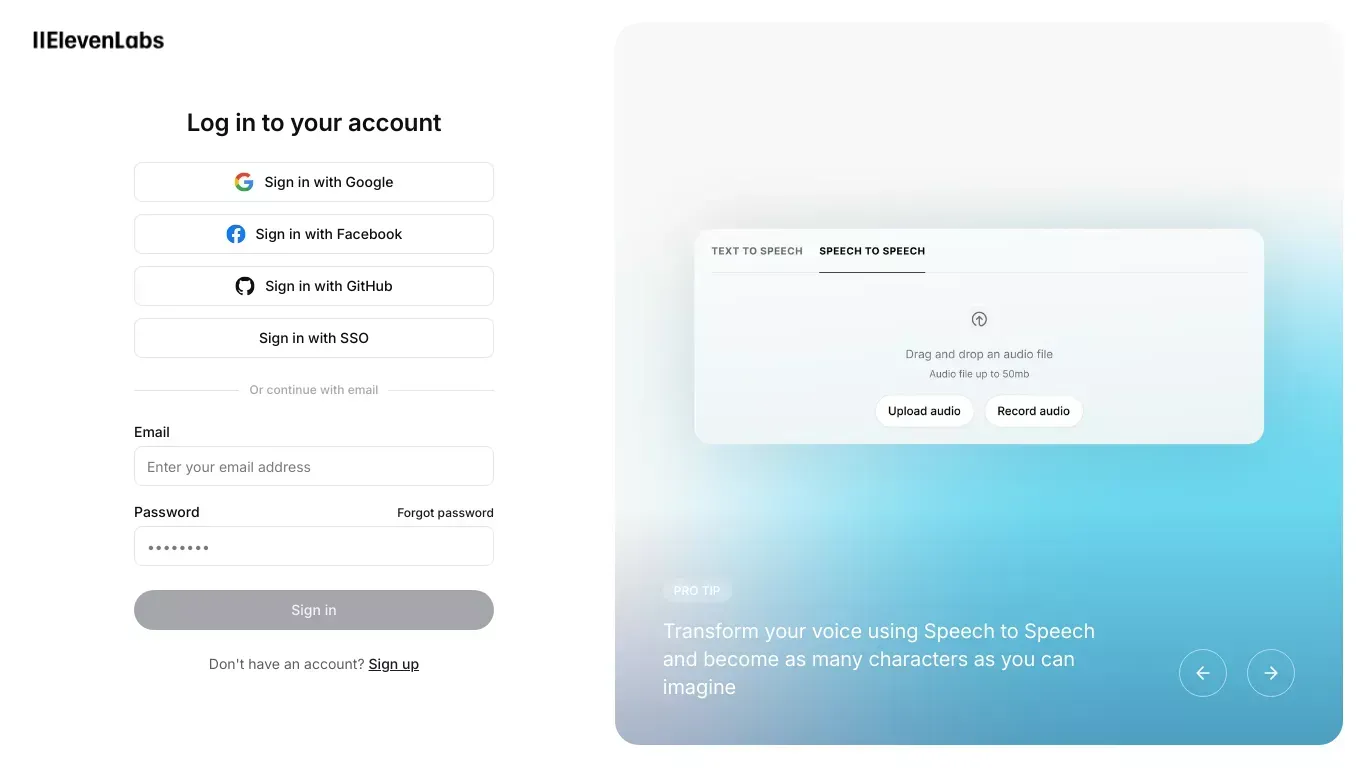 AI Voice Generator & Text to Speech | ElevenLabs - Sign Up design