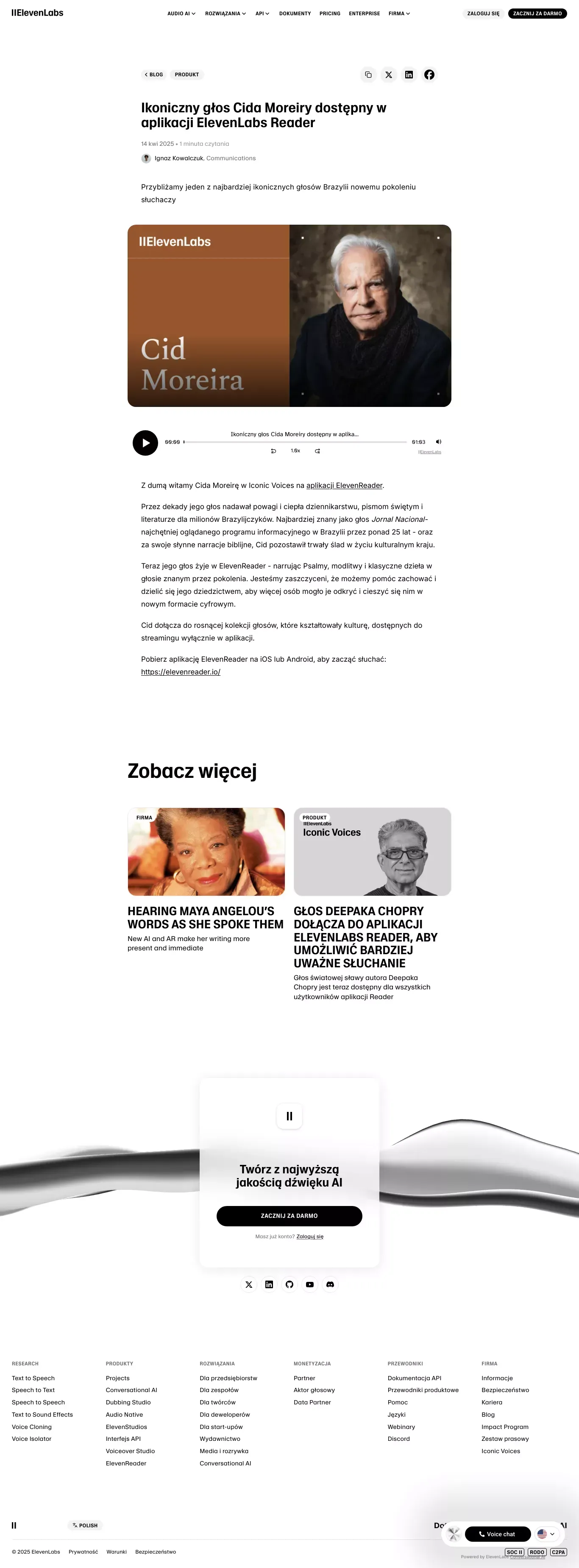 Ikoniczny głos Cida Moreiry dostępny w aplikacji ElevenLabs Reader | ElevenLabs - Blog Post design