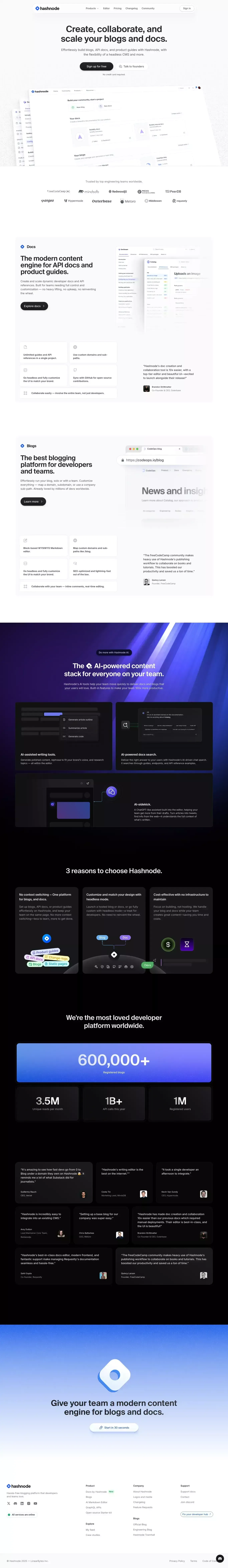 Hashnode — Build blogs and API docs for developers and teams. - Landing design