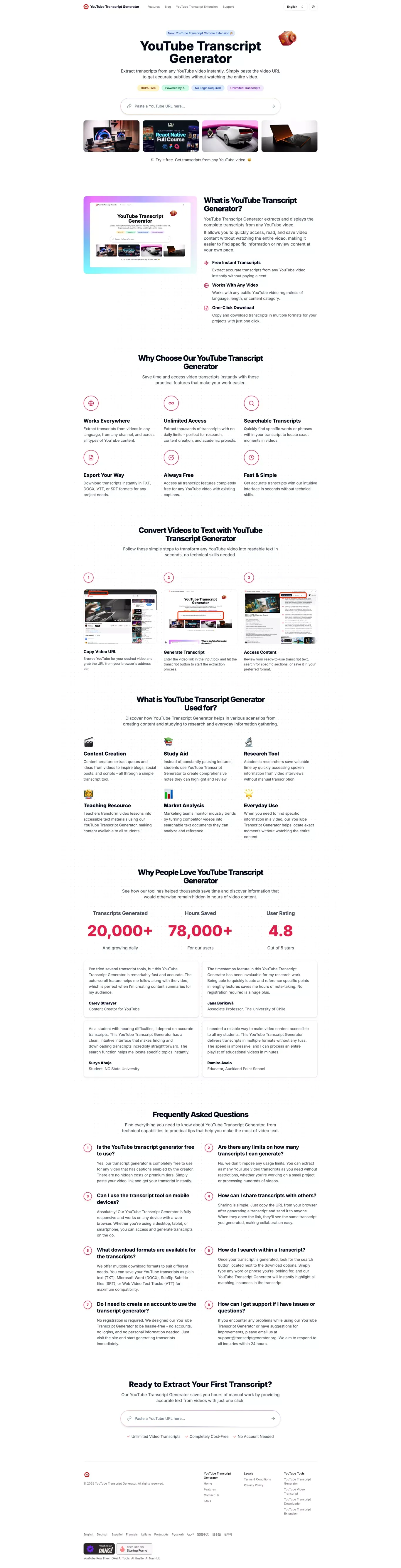 YouTube Transcript Generator - Landing design