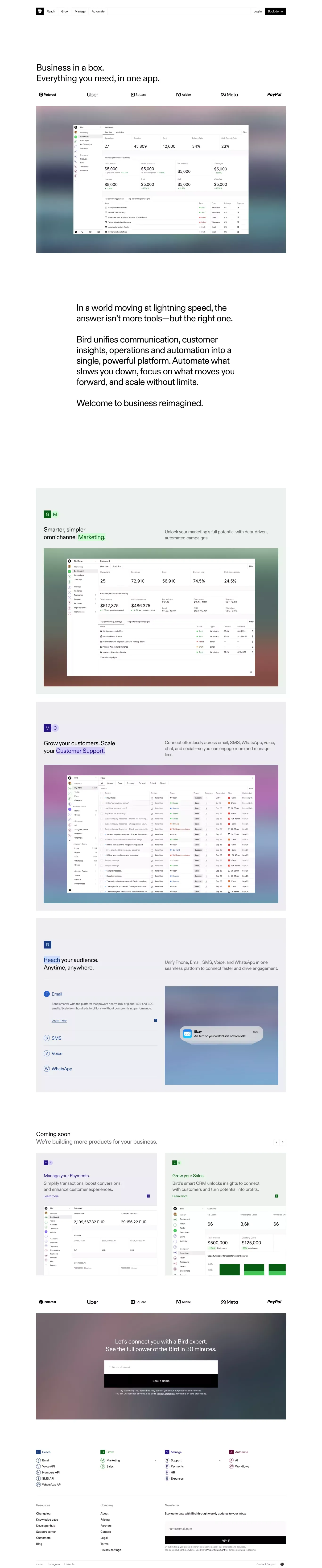 Bird | Vereinheitlichtes CRM fÃ¼r Marketing, Service & Payments - Landing design