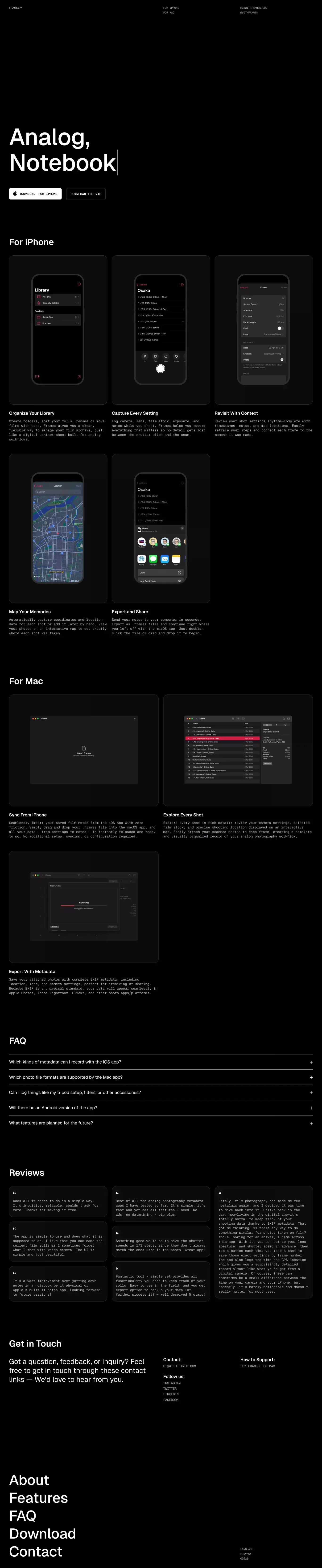 Frames - Analog Photography Notebook & Film Metadata - Landing design