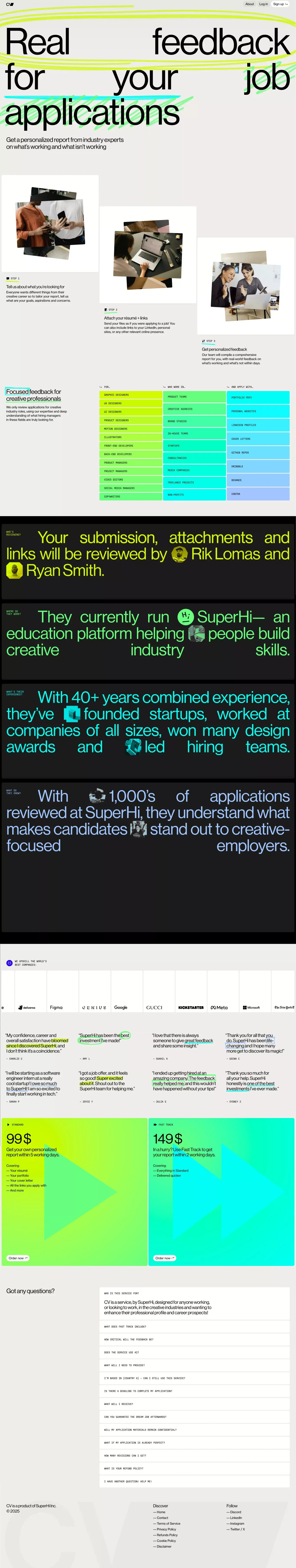 Real feedback for creative industry job applications | SuperHi.cv - Landing design