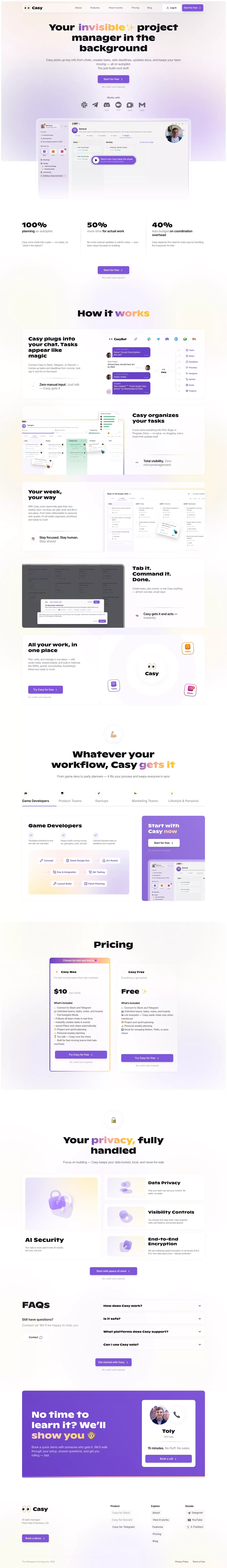 Casy – your invisible ✨ project manager in the background - Landing design