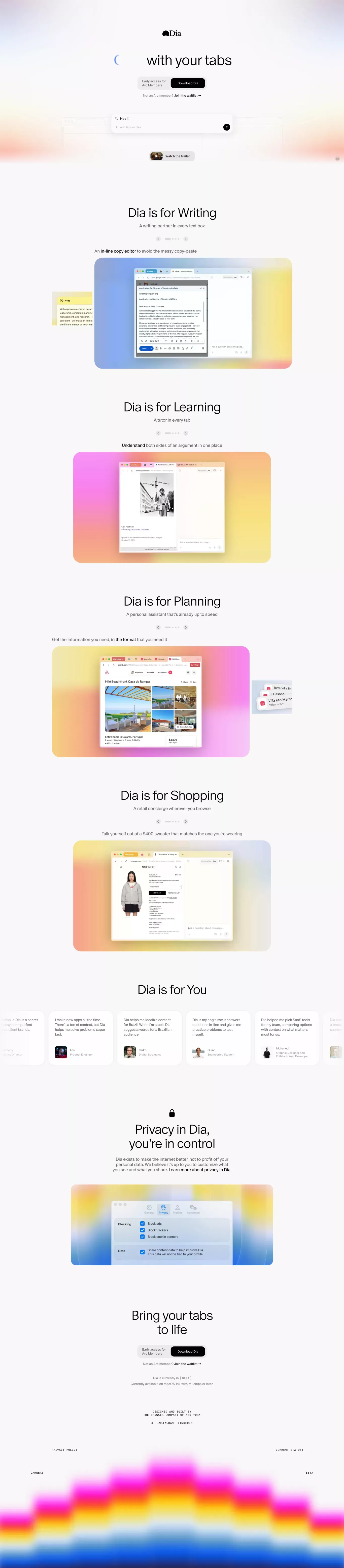 Meet Dia – the AI Browser Where You Can Chat with Your Tabs - Landing design