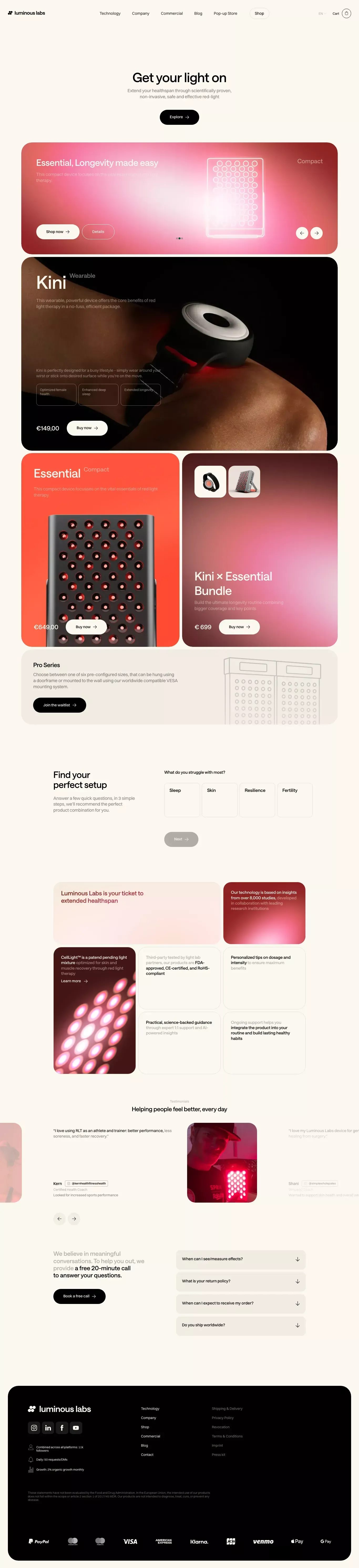 Luminous Labs | Shop page - Product listing design