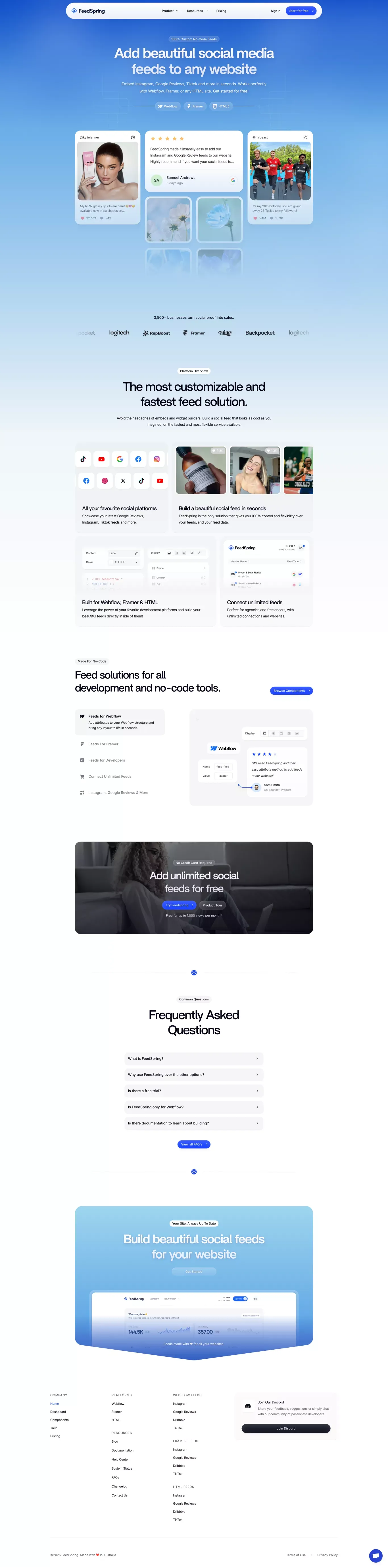 Social Feeds for Webflow, Framer, and HTML | FeedSpring - Landing design