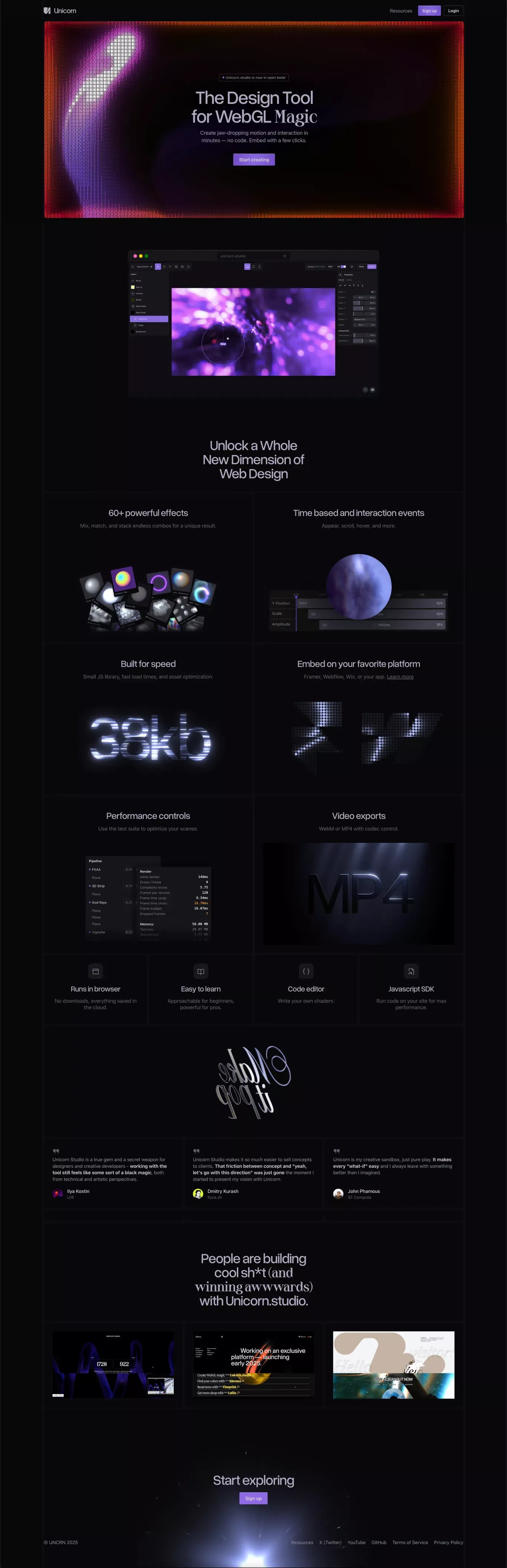 unicorn.studio — No-code WebGL Tool - Product page design