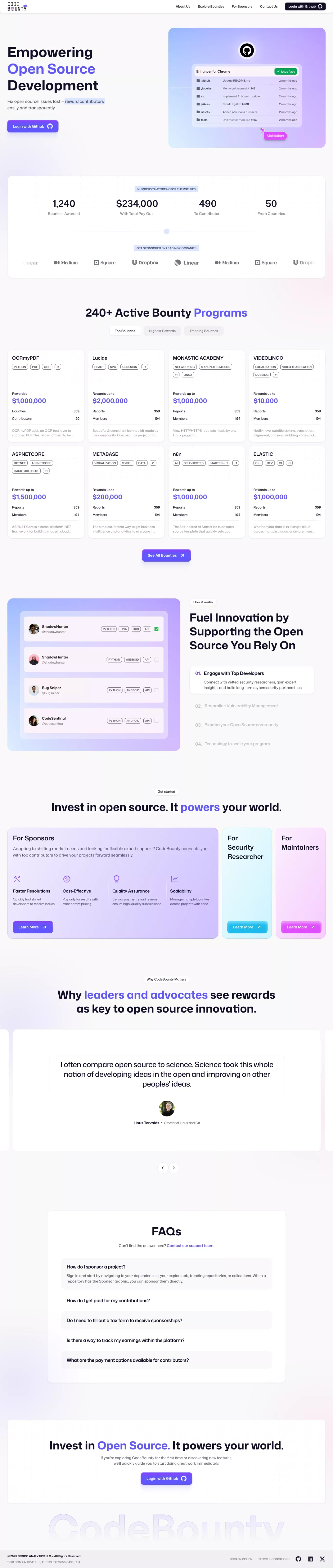 Code Bounty | Reward Open Source Contributors & Fix Issues Fast - Landing design
