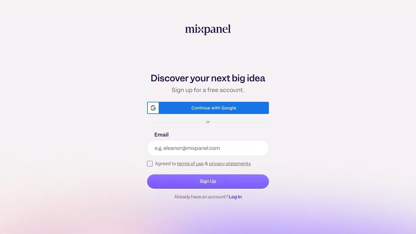 Sign up - Mixpanel: Product Analytics for Mobile, Web, & More - Sign Up design