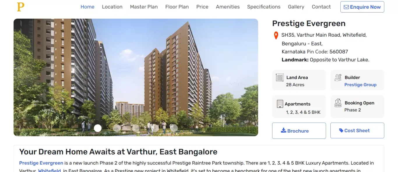 Prestige Evergreen: New Apartments in Whitefield, Bangalore - Landing design