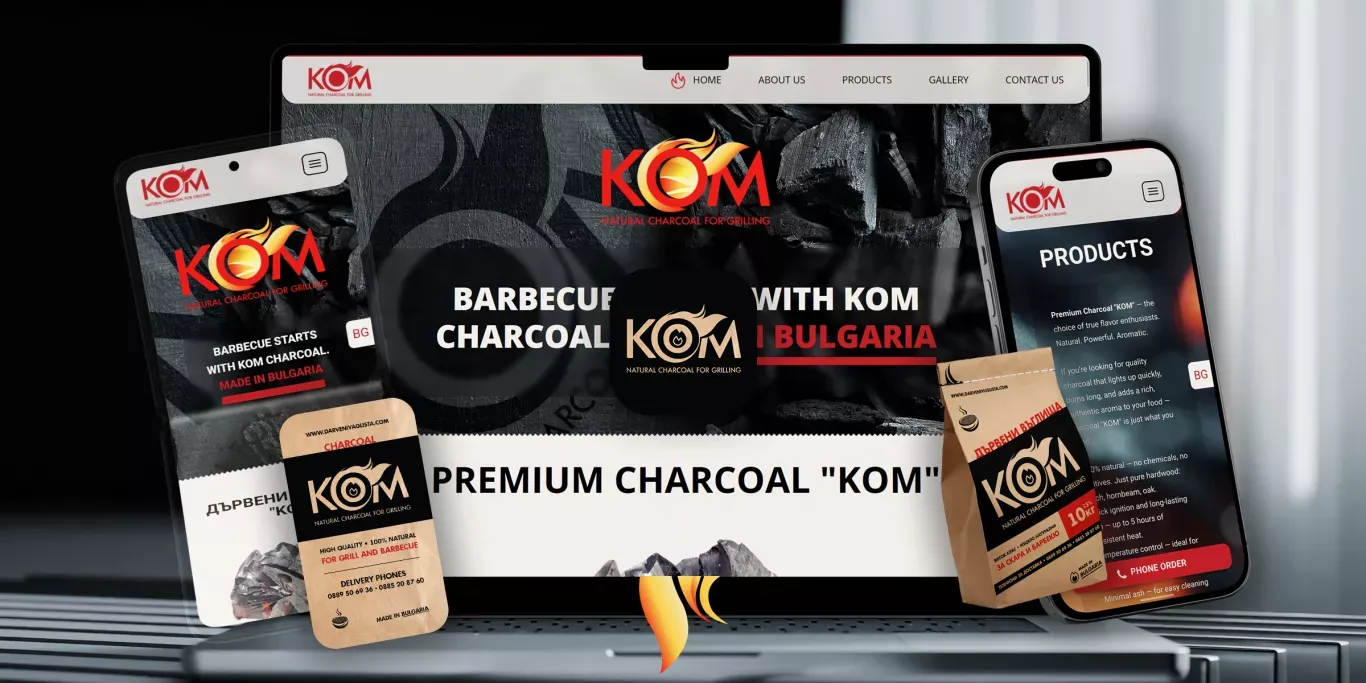 KOM Charcoal – high-quality and eco-friendly for barbecue. Production, sales, and delivery - Landing design