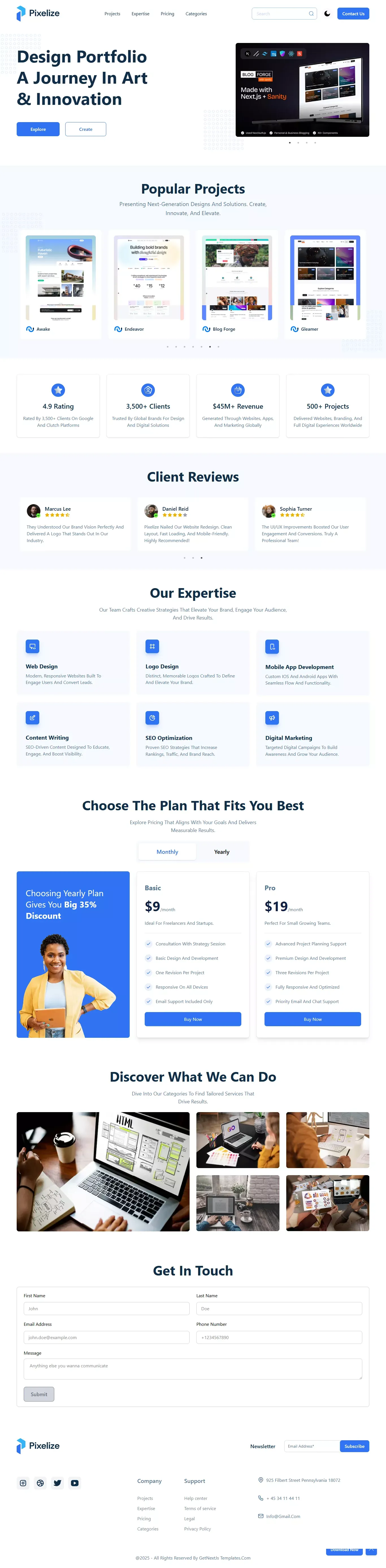 Pixelize Design Portfolio Nextjs Template Simple, Stylish & Free - Landing design