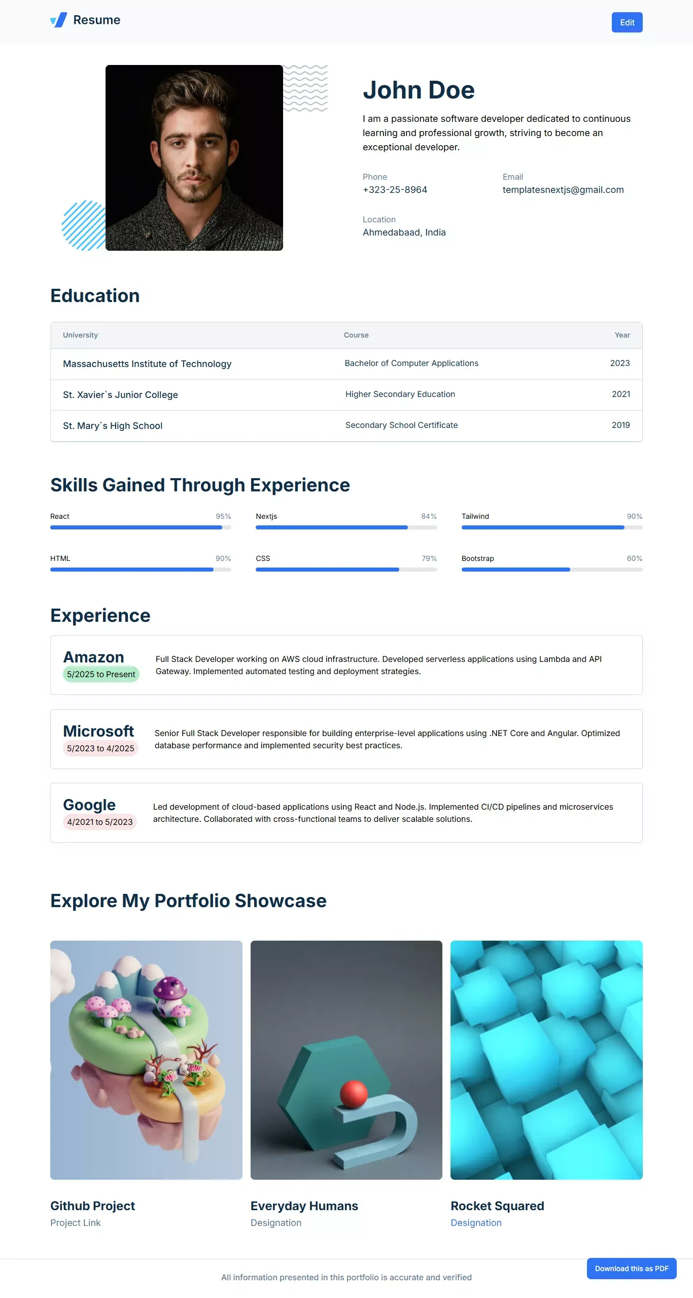 Resume Builder for Web Dev's & Designer's with PDF Export - Portfolio design
