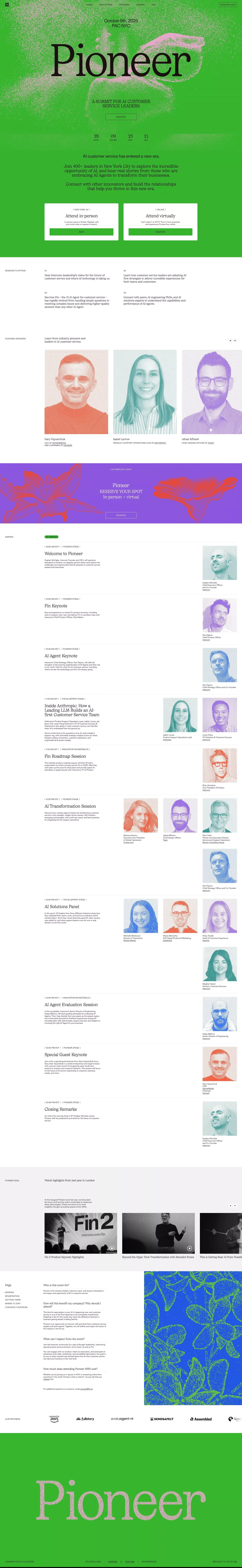 Pioneer by Fin | A summit for AI customer service leaders - Landing design