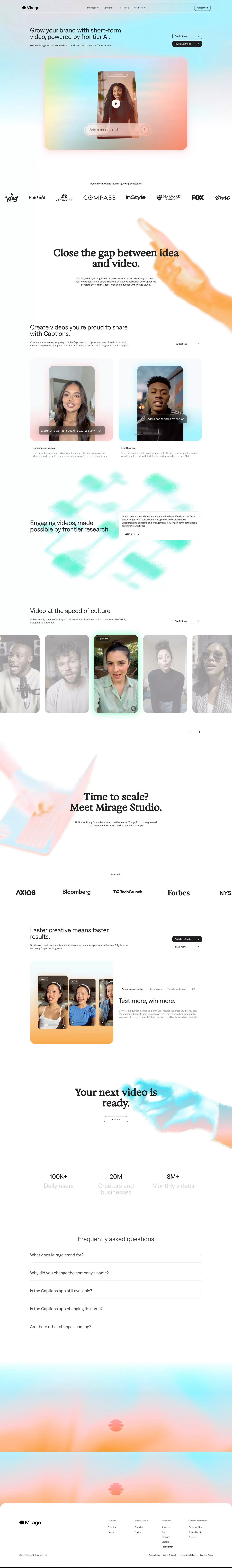Mirage AI Video | Make Your Best Ideas Possible - Landing design