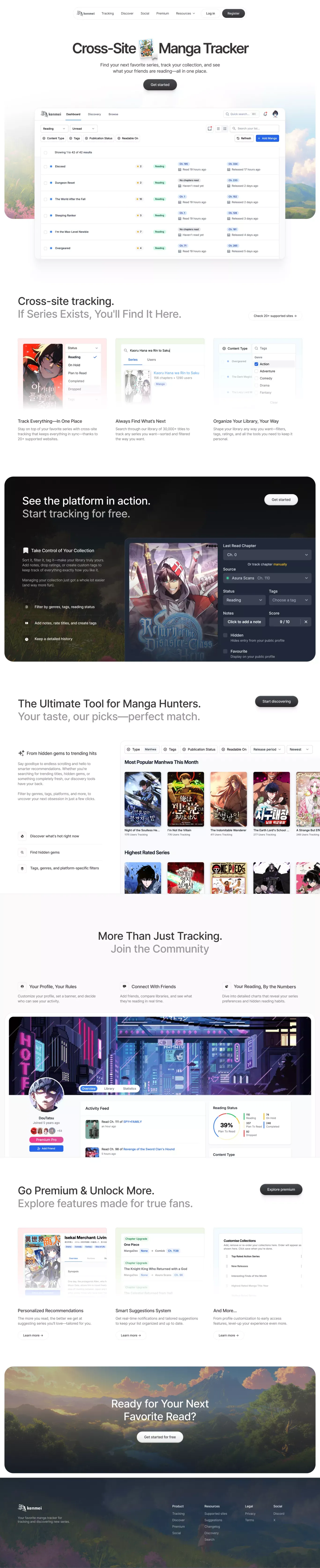 Kenmei | Cross-site manga tracker - Landing design
