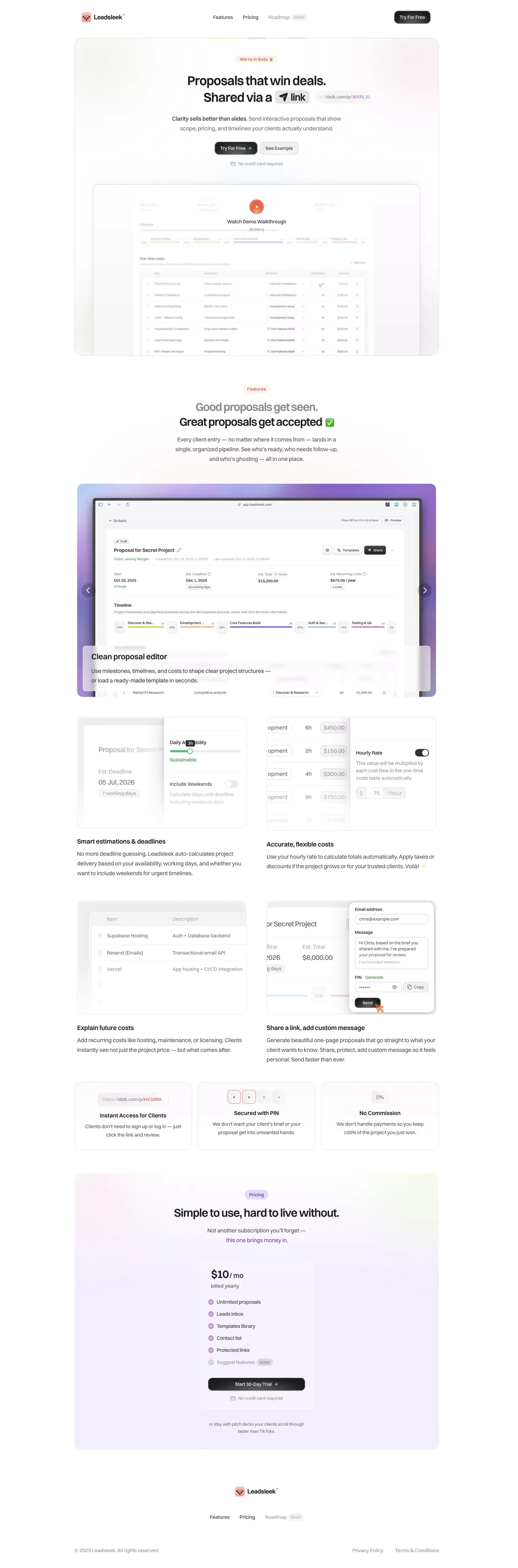 Leadsleek - Proposals That Win Deals. Shared via a Link. - Landing design