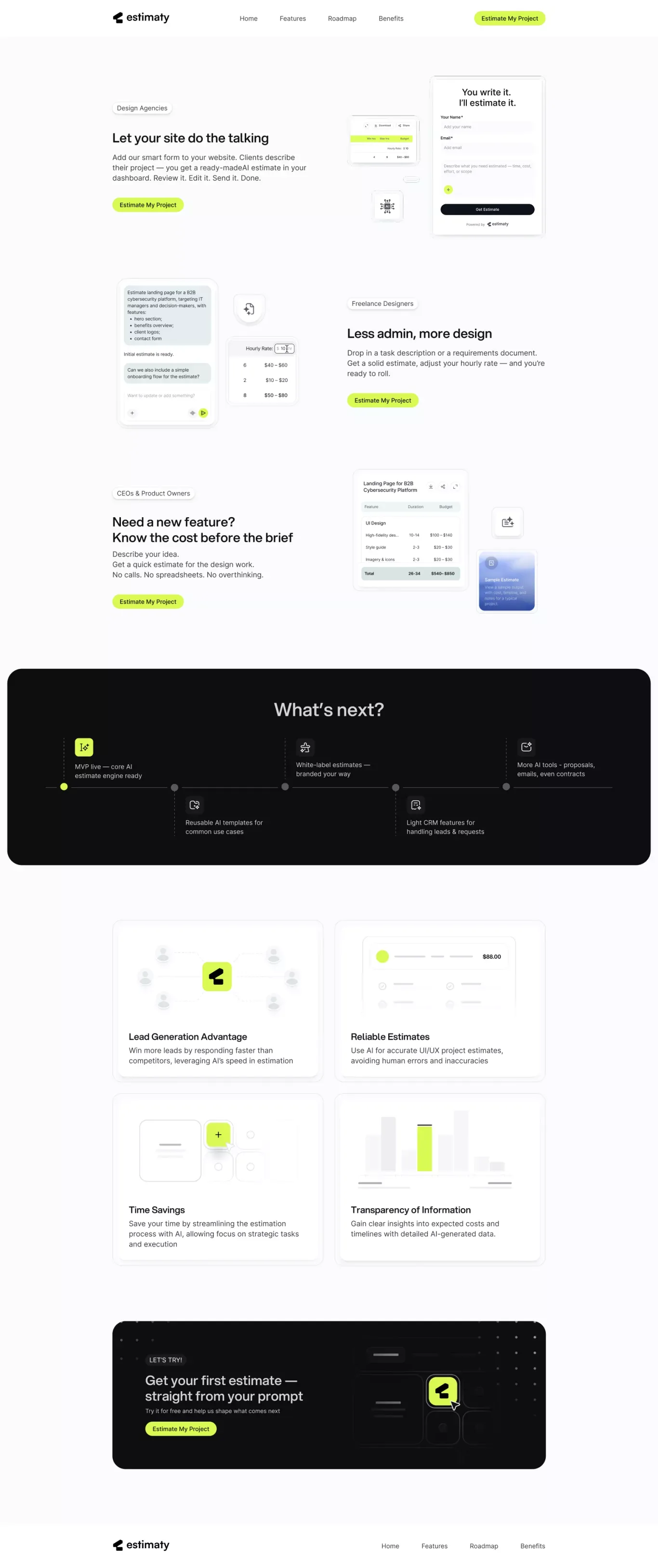 Instant AI Estimates for UI/UX Projects - Product page design