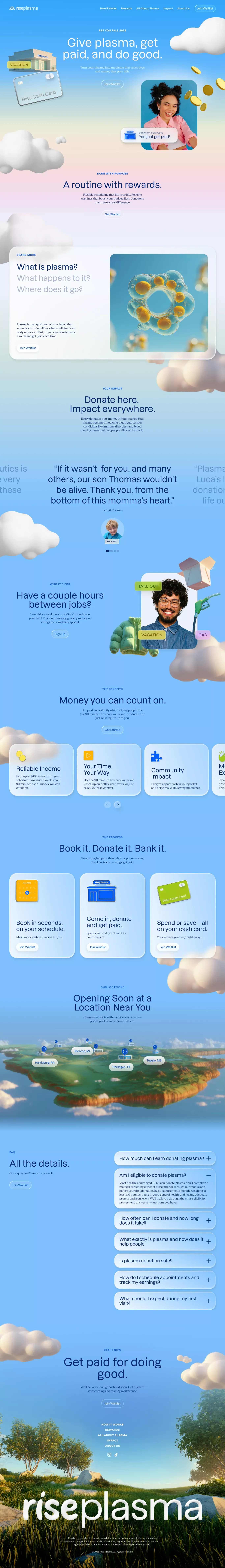 Rise Plasma | Earn More for Every Plasma Donation - Landing design