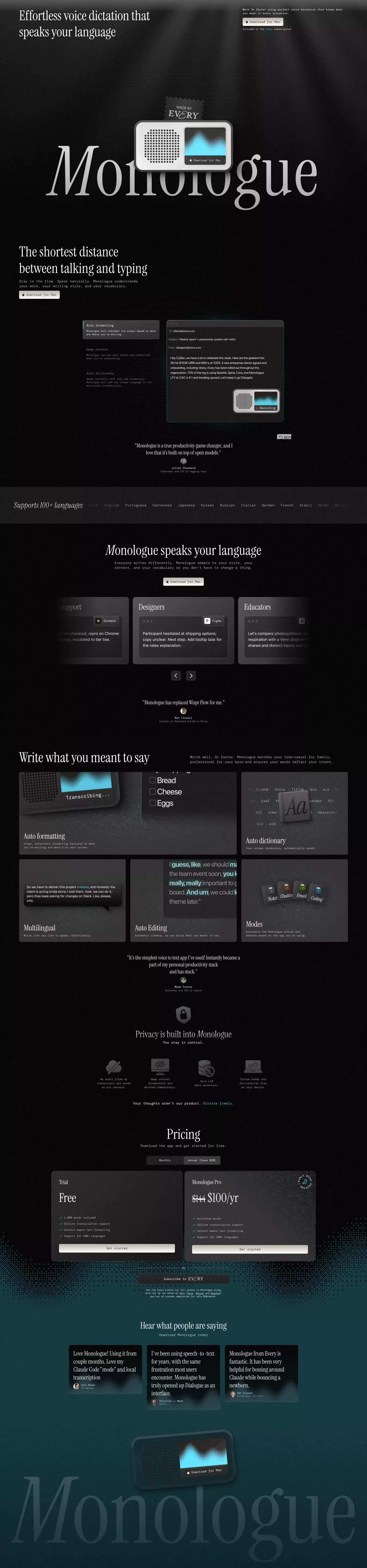 Monologue | Effortless voice dictation so you can work 3x faster - Landing design