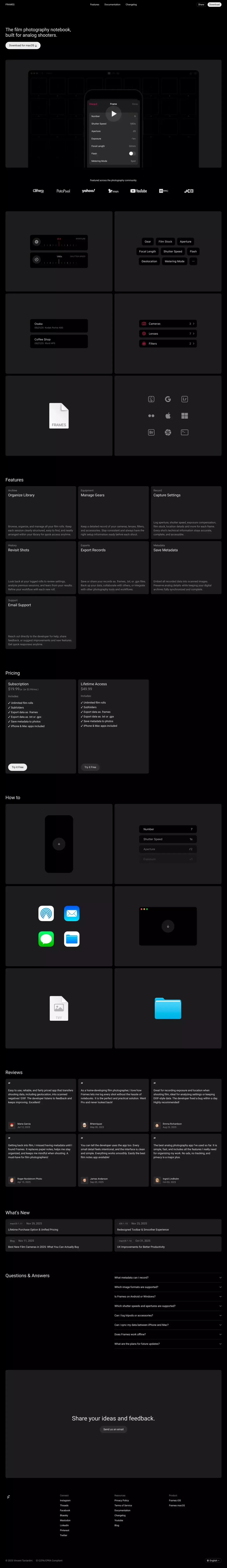 Frames: Film Photography App, Notebook & Analog Metadata - Landing design