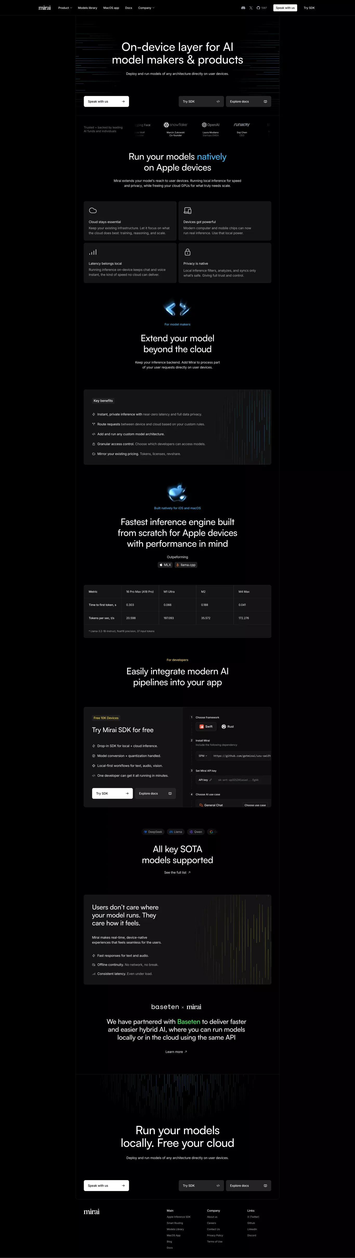 Mirai: On-Device Layer for AI Model Makers & Products - Landing design