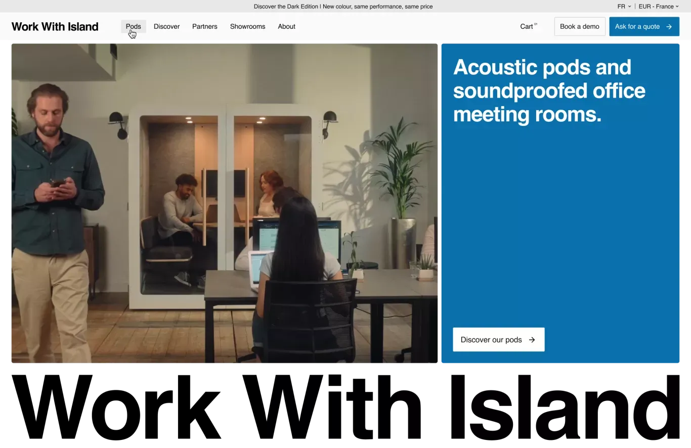Work with Island | Acoustic pods and booths for open-plan offices - Ecommerce design