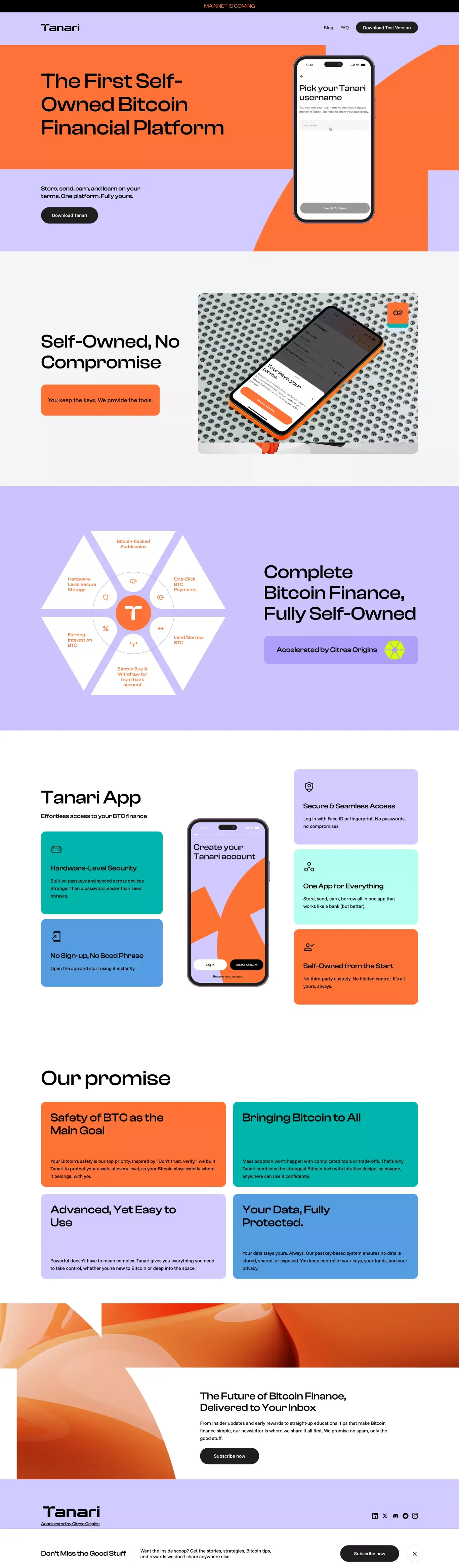 Tanari – The First Self-Owned Bitcoin Financial Platform - Landing design