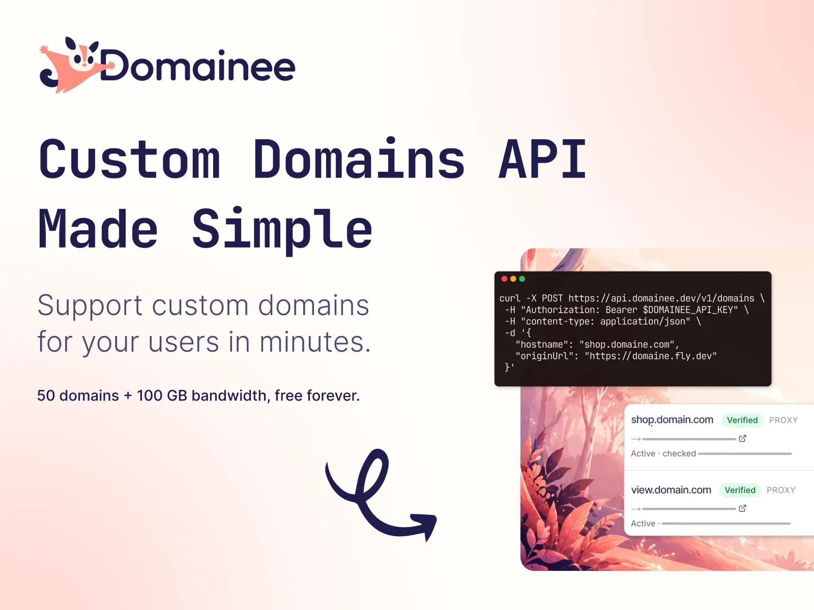 Domainee · Custom Domains API for SaaS · 50 domains free, forever - Other design