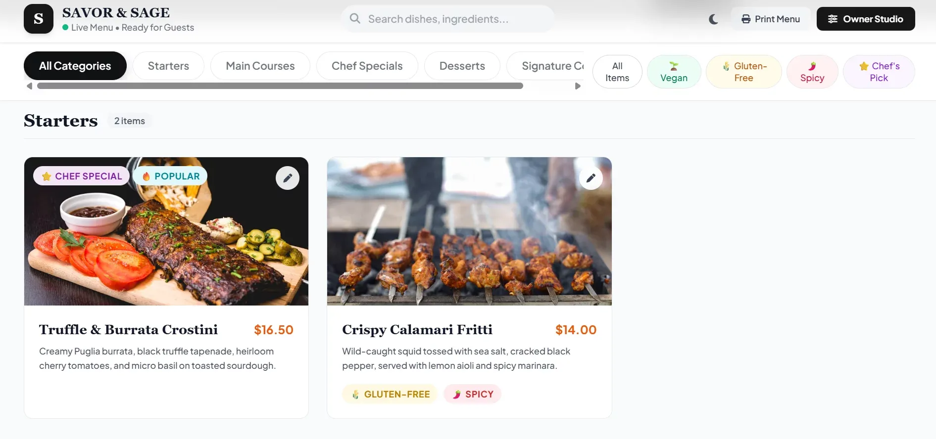 SAVOR & SAGE • Gourmet Restaurant Menu - Pricing design
