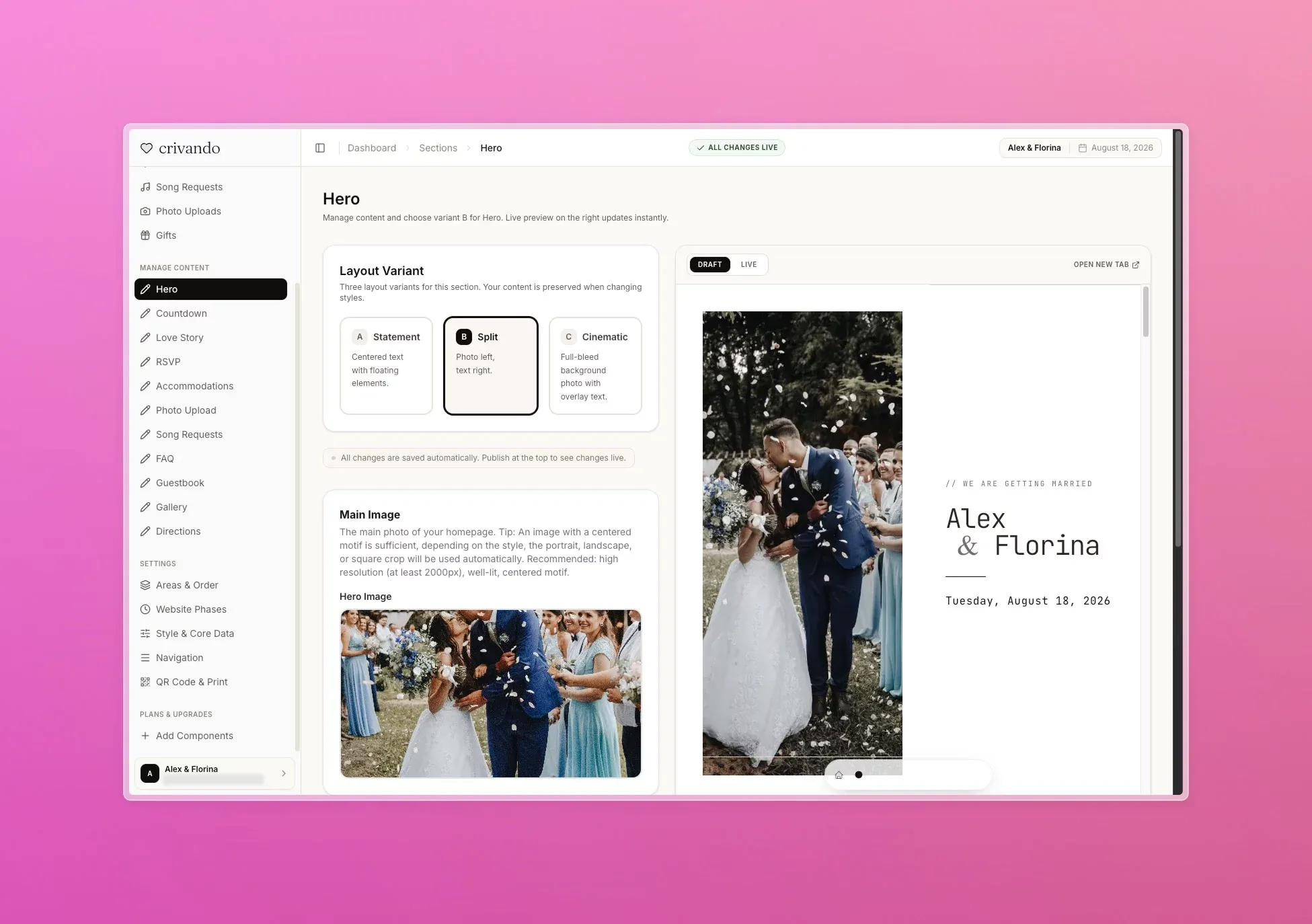 Wedding Website Builder with Online RSVPs - Crivando - Product page design