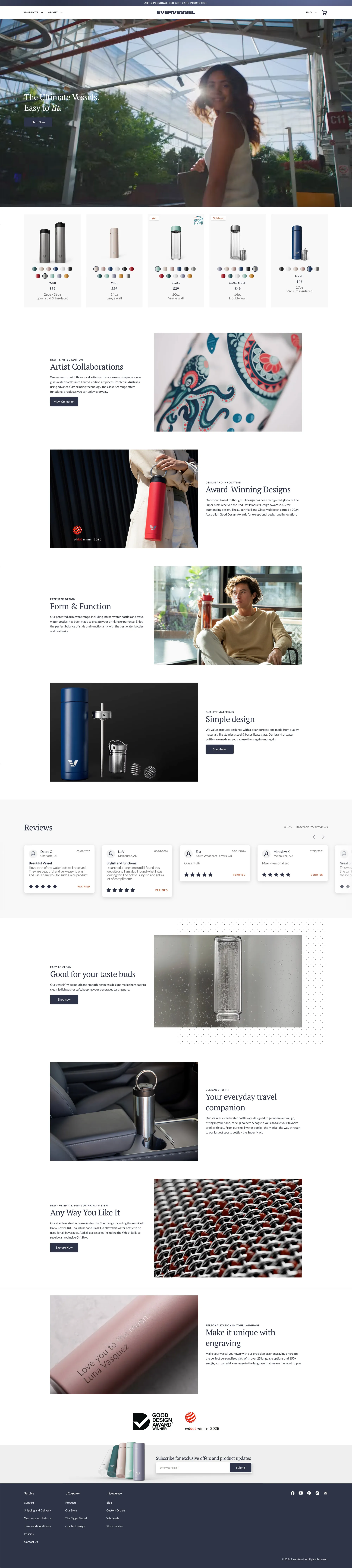 Ever Vessel | Ultimate Stainless Steel & Glass Water Bottles - Ecommerce design