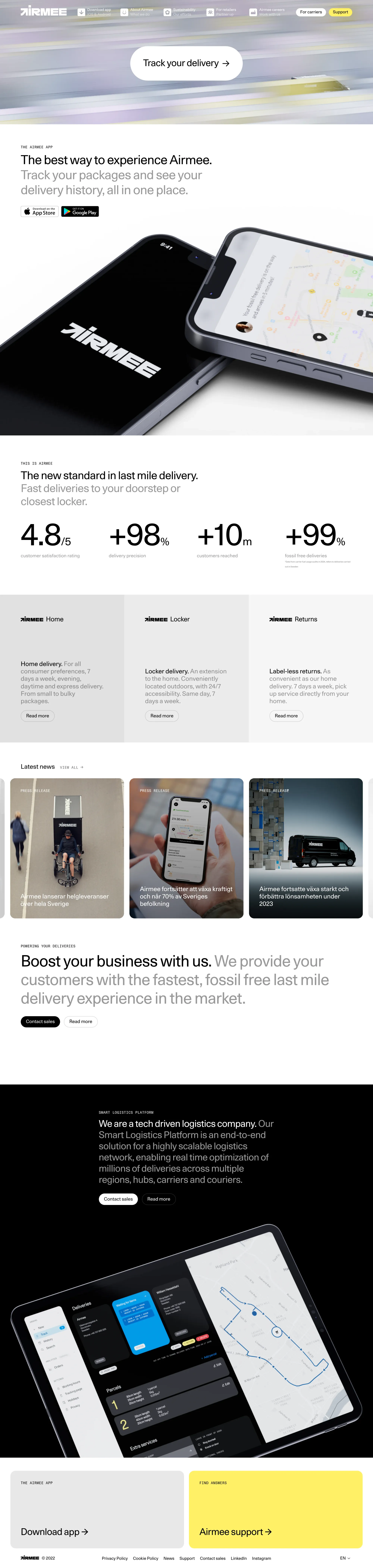 Airmee | Fossil free, fast delivery - Landing design