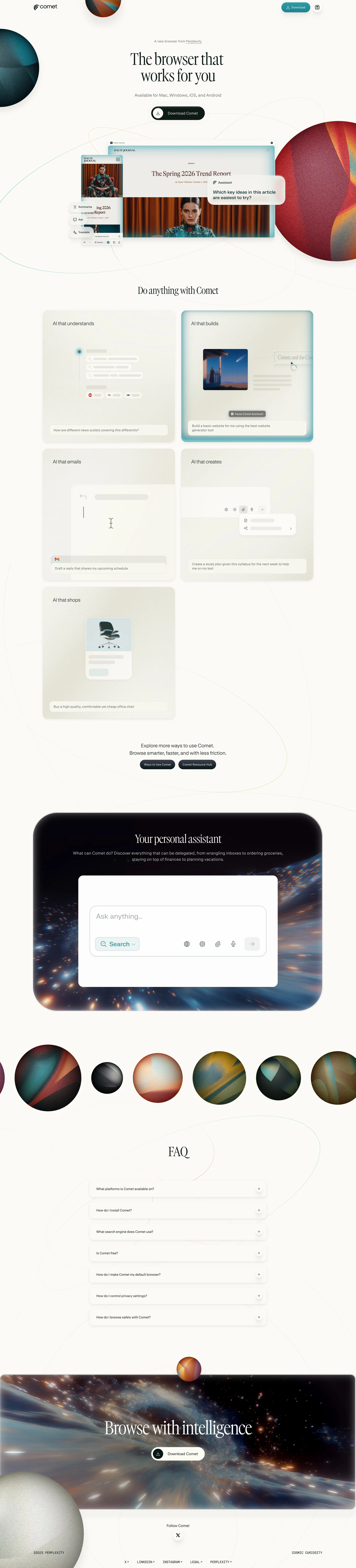 Comet Browser: a Personal AI Assistant - Landing design