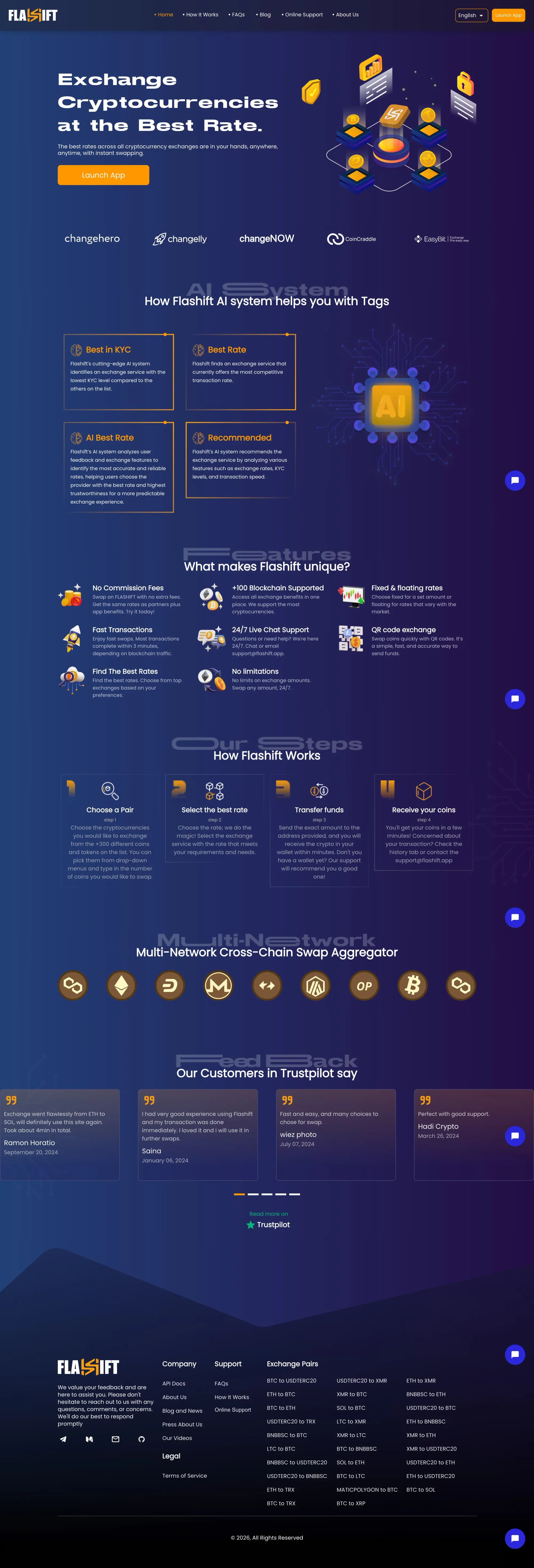 Flashift - Exchange cryptocurrency at the best rate - Landing design