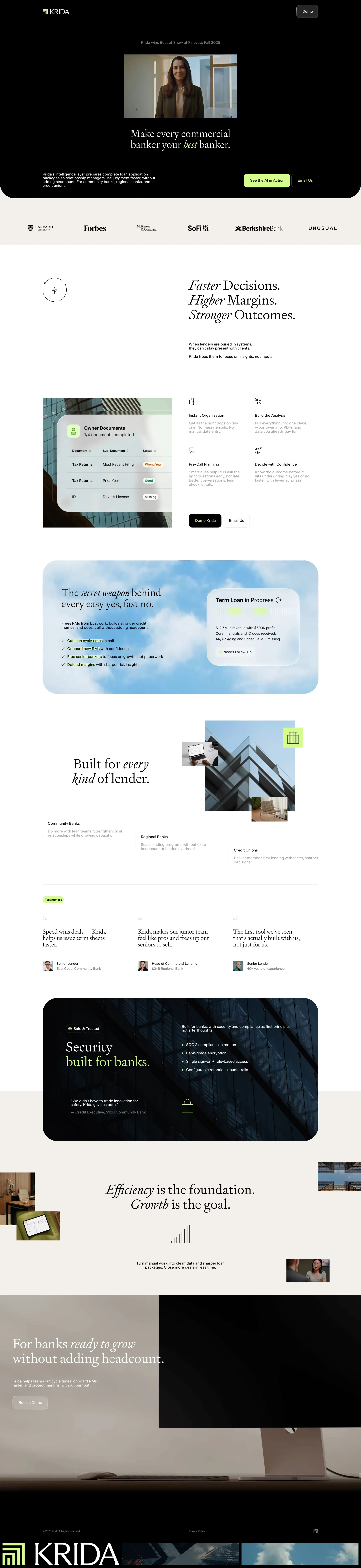 Krida — Intelligent Software for Commercial Lenders - Landing design