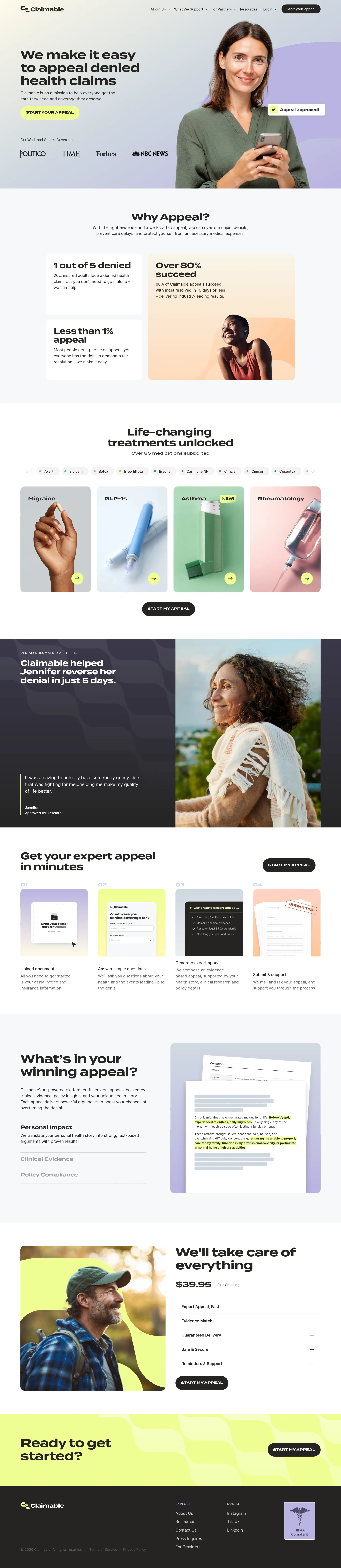Claimable | Easily appeal denied health claims - Landing design