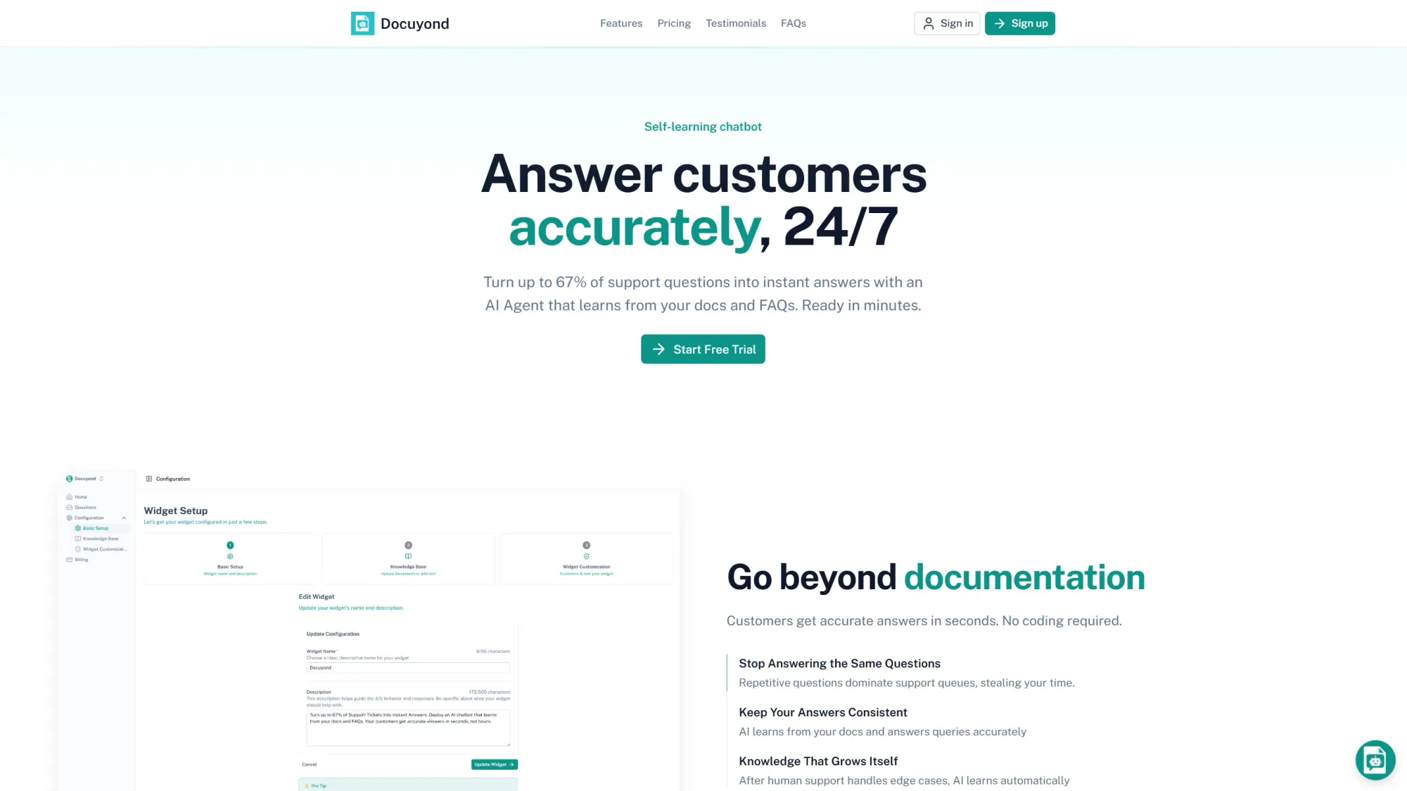 Docuyond - Answer customers accurately, 24/7 - Product page design