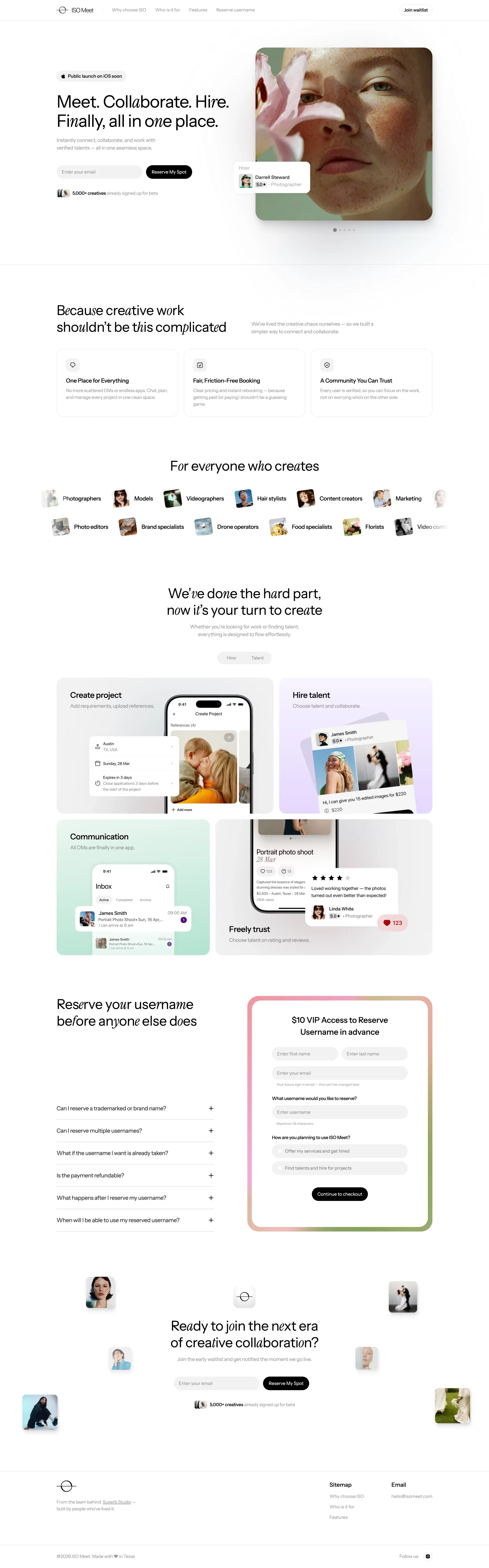 ISO Meet - Connect, Collaborate & Hire Creative Talent - Landing design