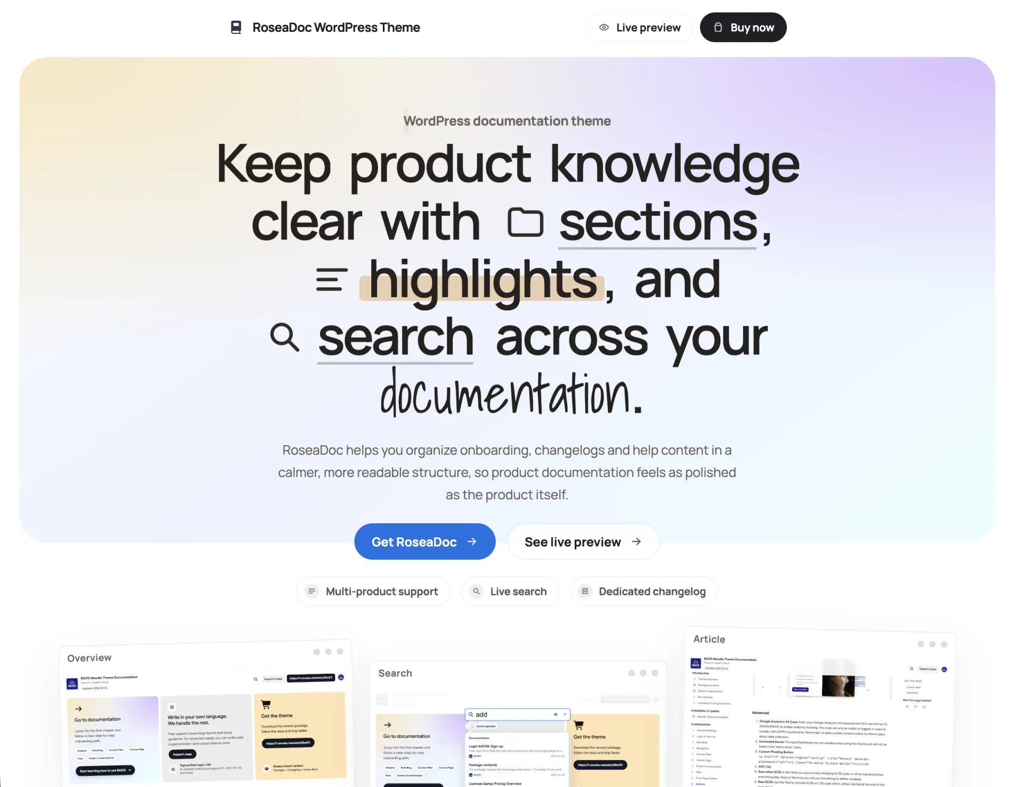 RoseaDoc WordPress Documentation Theme - Template design