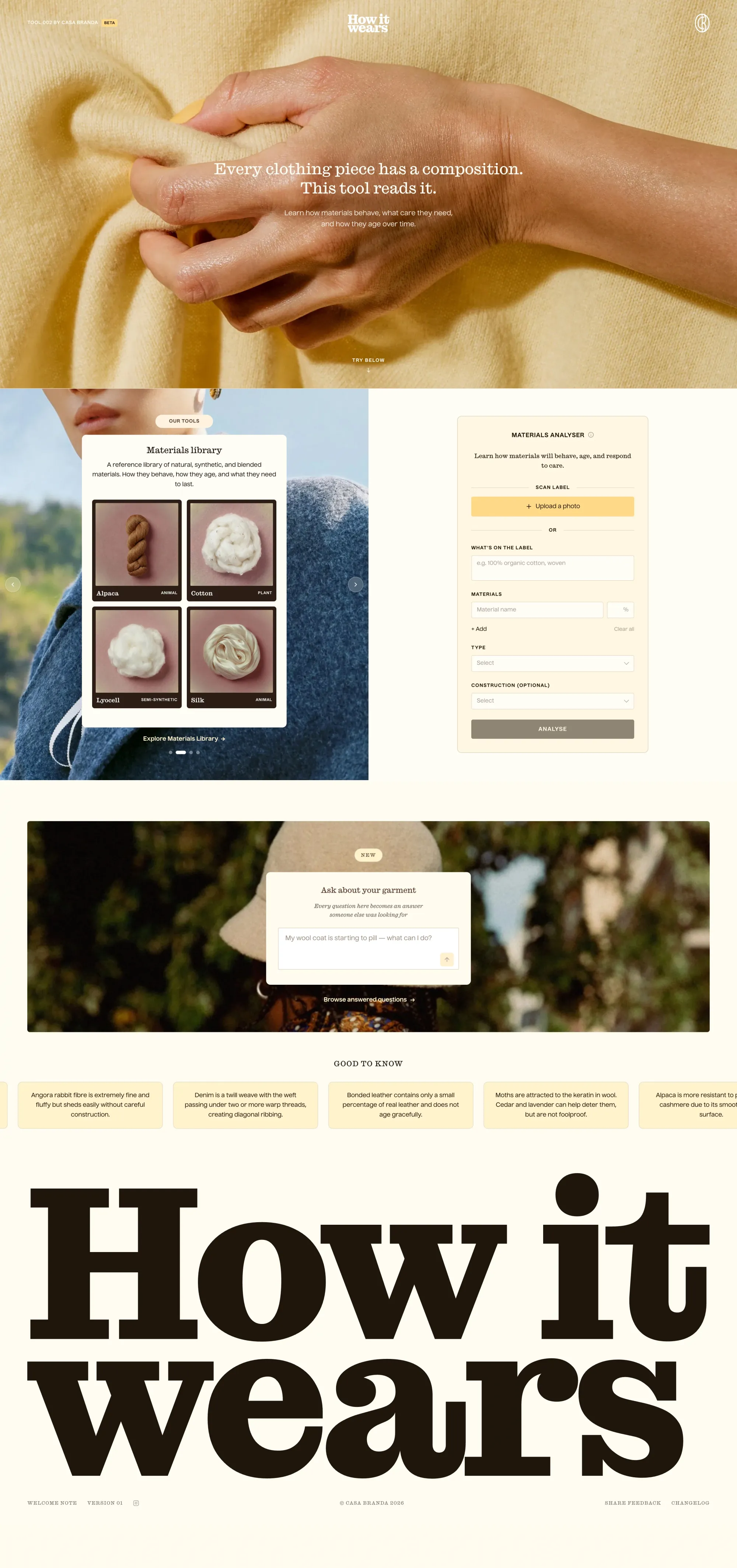 How It Wears · Materials Care & Composition Guide - Landing design