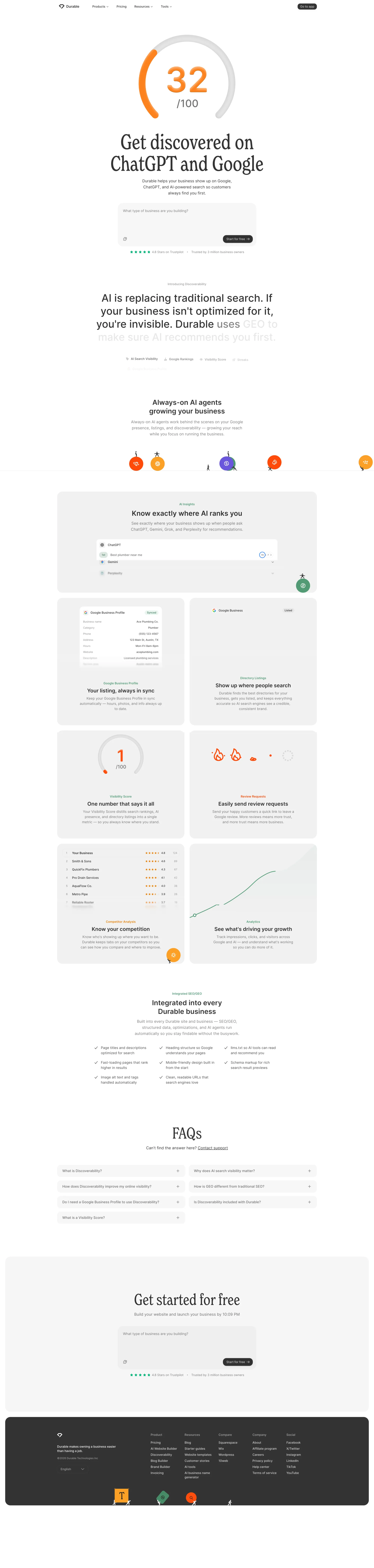 Discoverability – Get found on Google & AI search | Durable - Landing design